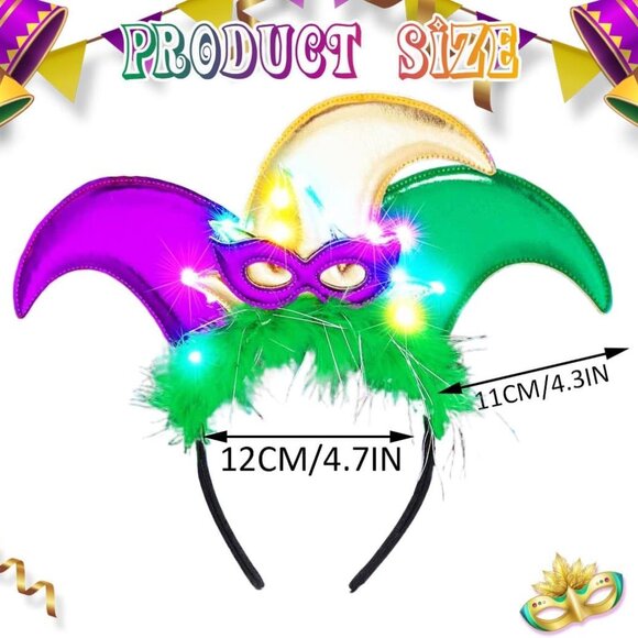 Light Up Mardi Gras Jester Hat Headband Purple Green Gold Costume Accessories - Picture 4 of 7
